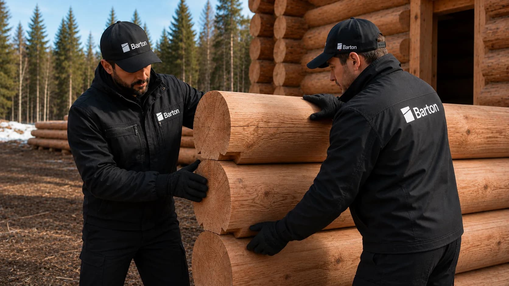 Специалисты BartonHome проверяют сопряжение кедровых элементов на сборке дома