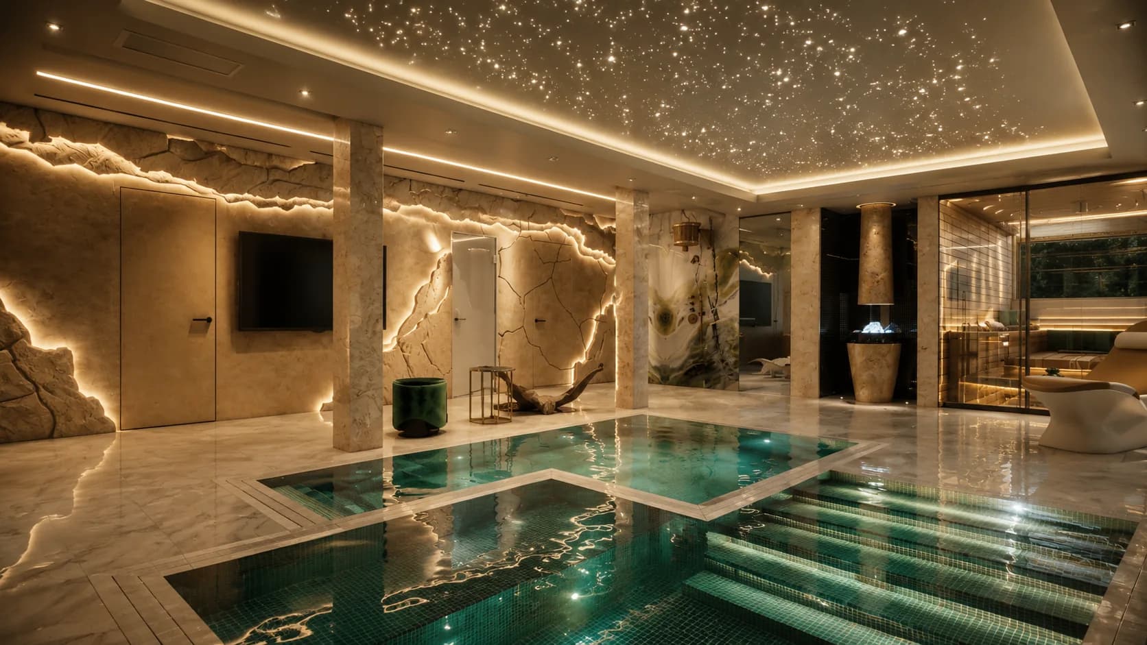 Просторная SPA-зона с бассейном, мягким светом и каменной отделкой
